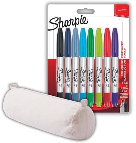 Sharpie Twin Tip Permanentmarker | Feine und ultrafeine Spitzen | 8 Markierungsstifte + mit Baumwolletui von SHARPIE