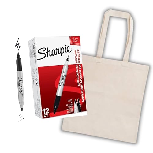 Sharpie Twin Tip Permanentmarker | Feine und ultrafeine Spitzen | Schwarz | 12 Stück + Baumwolltasche von SHARPIE