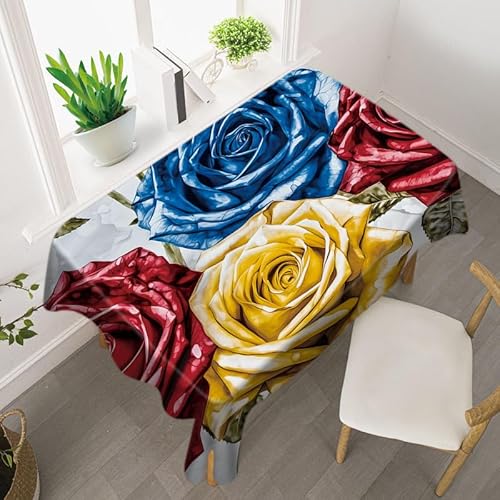 Tischdecke Blaugelbe Blüten Abwaschbar, Lotuseffekt Eckig,Tischtuch Wasserabweisend Tischwäsche Fleckschutz, Schmutzabweisend,Abwischbare Tafeldecke Für Party Küche140 X 220 cm von SHATSS