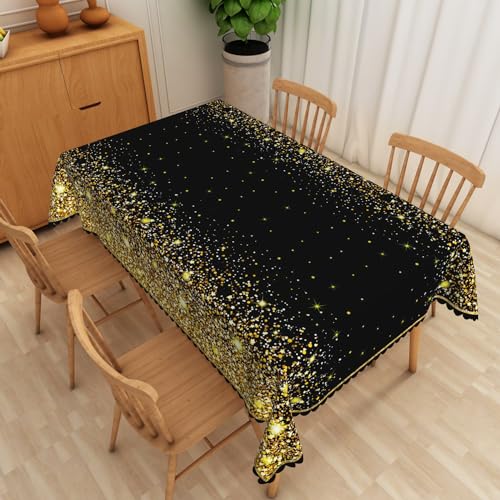 Tischdecke Schwarzer Goldener Stern Abwaschbar, Lotuseffekt Eckig,Tischtuch Wasserabweisend Tischwäsche Fleckschutz, Schmutzabweisend,Abwischbare Tafeldecke Für Party Küche140 X 240 cm von SHATSS