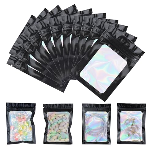 SHBAOCH 100 Stück Wiederverschließbare Mylar Holographic Beutel,Schwarz 10x15 Mylar Zip Bags Klein mit Transparentem Fenster für Nuss Losen Teebeutel Keksen, Schmuck Aufbewahrung von Lebensmittel von SHBAOCH