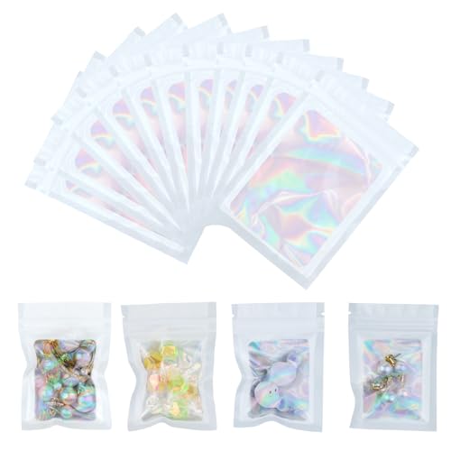 SHBAOCH 100 Stück Wiederverschließbare Mylar Holographic Beutel,Weiß 7x10 Mylar Zip Bags Klein mit Transparentem Fenster für Nuss Losen Teebeutel Keksen, Schmuck Aufbewahrung von Lebensmittel von SHBAOCH