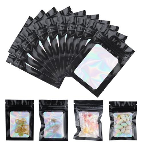 SHBAOCH 100 Stück Wiederverschließbare Mylar Holographic Beutel,Schwarz 7x10 Mylar Zip Bags Klein mit Transparentem Fenster für Nuss Losen Teebeutel Keksen, Schmuck Aufbewahrung von Lebensmittel von SHBAOCH