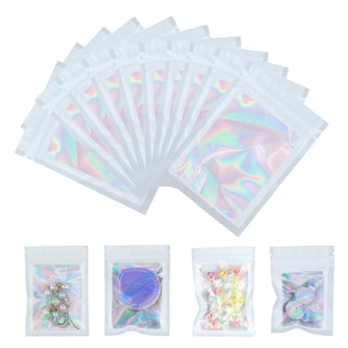 SHBAOCH 100 Stück Wiederverschließbare Mylar Holographic Beutel,Weiß 10x15 Mylar Zip Bags Klein mit Transparentem Fenster für Nuss Losen Teebeutel Keksen, Schmuck Aufbewahrung von Lebensmittel von SHBAOCH