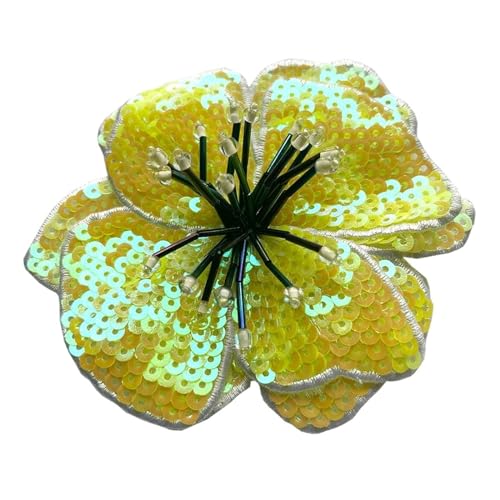 Stickerei Aufnäher 2 Stück handgefertigte große Pailletten-Blumen, gestickte glänzende Applikationen, modische Kleidung, Aufnäher, Zubehör Für Hochzeitskleider Dekoration(Yelllow) von SHBHWS