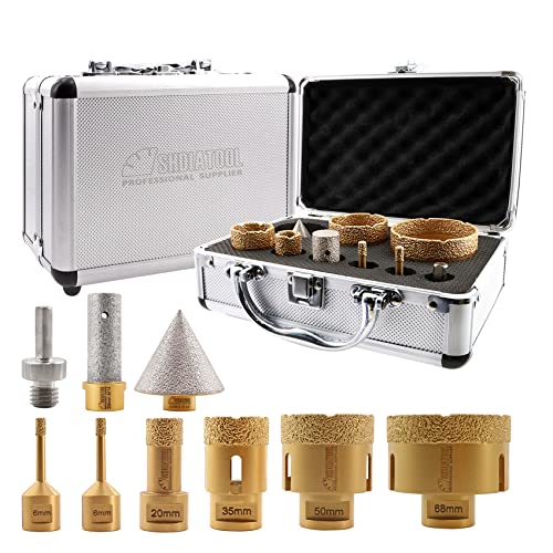 SHDIATOOL Diamantbohrer Set M14 Gewinde, 9 Stück - 6-68mm Diamantfinger Bits & 50mm Diamant-Fasenbohrer, Vakuumgelötet für Porzellan, Fliesen, Keramik, Granit & Marmor von SHDIATOOL