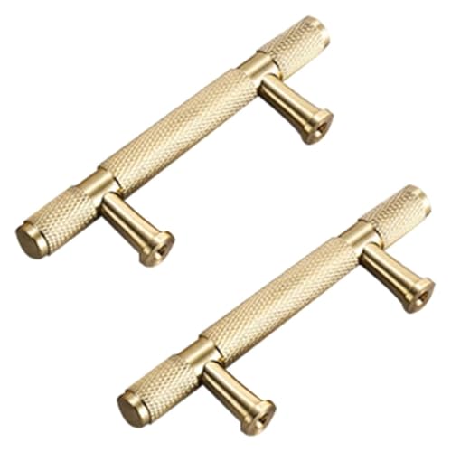 SHEDIE Goldfarbener Küchenschrankgriff im Vintage-Stil, 2er-Pack Schubladengriffe aus massivem Messing | Gebürstetes Kupfer, T-förmige Möbelgriffe mit Schrauben(Hole spacing:116mm/4.5in) von SHEDIE