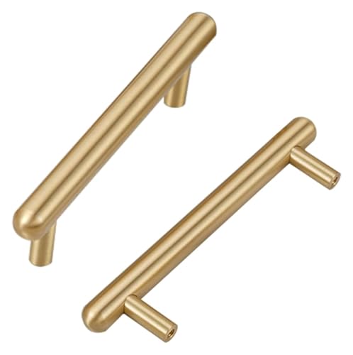 SHEDIE Goldfarbener Küchenschrankgriff im Vintage-Stil, 2er-Pack Schubladengriffe aus massivem Messing | Gebürstetes Kupfer, T-förmige Möbelgriffe mit Schrauben(Hole spacing:130mm/5.1in) von SHEDIE