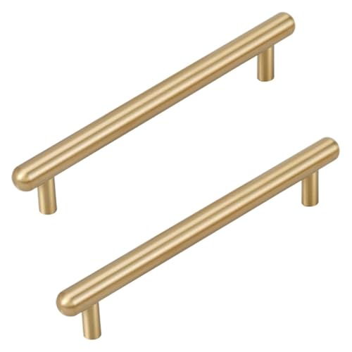 SHEDIE Goldfarbener Küchenschrankgriff im Vintage-Stil, 2er-Pack Schubladengriffe aus massivem Messing | Gebürstetes Kupfer, T-förmige Möbelgriffe mit Schrauben(Hole spacing:160mm/6.3in) von SHEDIE