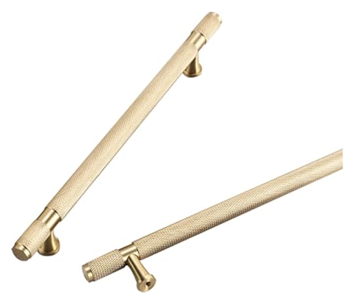 SHEDIE Goldfarbener Küchenschrankgriff im Vintage-Stil, 2er-Pack Schubladengriffe aus massivem Messing | Gebürstetes Kupfer, T-förmige Möbelgriffe mit Schrauben(Hole spacing:212mm/8.3in) von SHEDIE