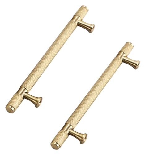 SHEDIE Goldfarbener Küchenschrankgriff im Vintage-Stil, 2er-Pack Schubladengriffe aus massivem Messing | Gebürstetes Kupfer, T-förmige Möbelgriffe mit Schrauben(Hole spacing:380mm/15in) von SHEDIE