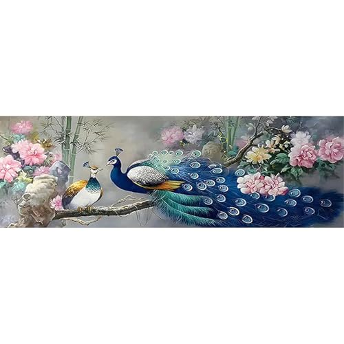 SHEGZHUC 110x50cm Diamond Painting Pfau Groß Blau Malen nach Zahlen Pfau Blumen Pfingstrose Diamond Painting Groß XXL Diamant Malerei Kunst Stickerei Kreuzstich Bilder Geschenk Wanddekoration von SHEGZHUC