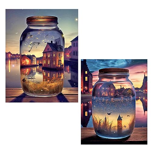 SHEGZHUC 2 Pack Diamond Painting Glass 40x50 cm Diamond Painting Landschaft Häuser Diamond Painting Bilder Landschaft in Flasche Diamond Painting Nachtleuchtend Diamond Painting Weinflasche Erwachsene von SHEGZHUC