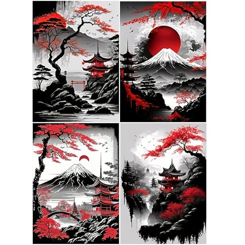 SHEGZHUC 4 Pack Diamond Painting Berge Landschaft Seen 30x40cm Rote Landschaft Mond Brücke Dachboden Diamond Painting Japan Landschaft Abstrakt Diamant Malerei Stickerei Wanddekoration Berg Fuji von SHEGZHUC