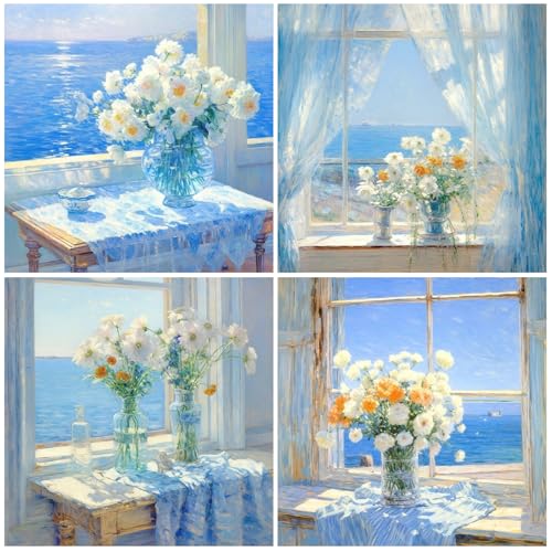 SHEGZHUC 4 Pack Diamond Painting Blumen am Fenster zum Meer 30x30cm Diamond Painting Gänseblümchen Blumenstrauß Mosaik Diamant Malerei Kunst Stickerei Kreuzstich Bilder Geschenk Wanddekoration von SHEGZHUC