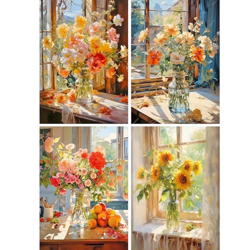 SHEGZHUC 4 Pack Diamond Painting Blumen und Früchte am Fenster 30x40cm Mosaik Ölgemälde Diamond Painting Blumen in Vase Diamant Malerei Kunst Stickerei Kreuzstich Bilder Geschenk Wanddekoration von SHEGZHUC