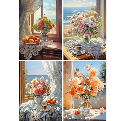 SHEGZHUC 4 Pack Diamond Painting Blumen und Früchte am Fenster 30x40cm Ölgemälde Diamond Painting Blumen in Vase Mosaik Diamant Malerei Kunst Stickerei Kreuzstich Bilder Geschenk Wanddekoration von SHEGZHUC