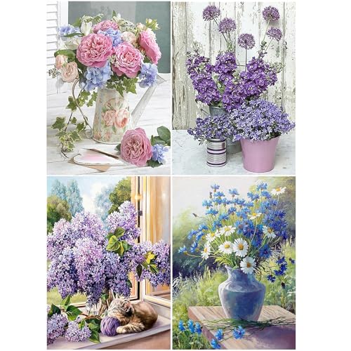 SHEGZHUC 4 Pack Diamond Painting Blumenstrauß in Vase 30x40cm Diamond Painting Blume Flieder 5D Diamant Painting Blumen Pfingstrosen Gänseblümchen Diamond Painting Lila Blumen Katze Landschaft von SHEGZHUC