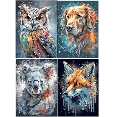 SHEGZHUC 4 Pack Diamond Painting Bunte Tiere 30x40cm 5D Diamant Painting Malen nach Zahlen Diamond Painting Eule Fuchs Hund Koala Diamond Painting Erwachsene Tiere Bunt Mosaik Bastelset Erwachsene von SHEGZHUC