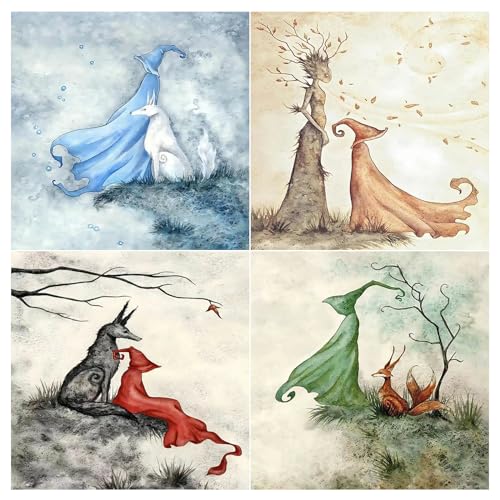 SHEGZHUC 4 Pack Diamond Painting Fantasievolle Menschen mit Tieren 30x30cm Vier Jahreszeiten Wolf Fuchs Baum Set Tiere Diamant Malerei Kunst Stickerei Kreuzstich Bilder Geschenk Wanddekoration von SHEGZHUC