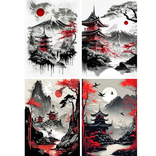 SHEGZHUC 4 Pack Diamond Painting Japanische Landschaft 30x40cm Rote Landschaft Mond Dachboden Berg Fuji Mosaik Diamant Malerei Kunst Stickerei Kreuzstich Bilder Geschenk Wanddekoration von SHEGZHUC