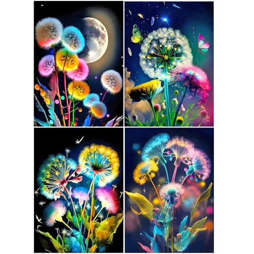 SHEGZHUC 4 Pack Diamond Painting Pusteblume Set Bunt Mond 30x40cm Diamant Painting Bilder Pusteblume Malen nach Zahlen Diamant Painting Bilder Blumen Diamant Malerei Stickerei Geschenk Wand Dekor von SHEGZHUC