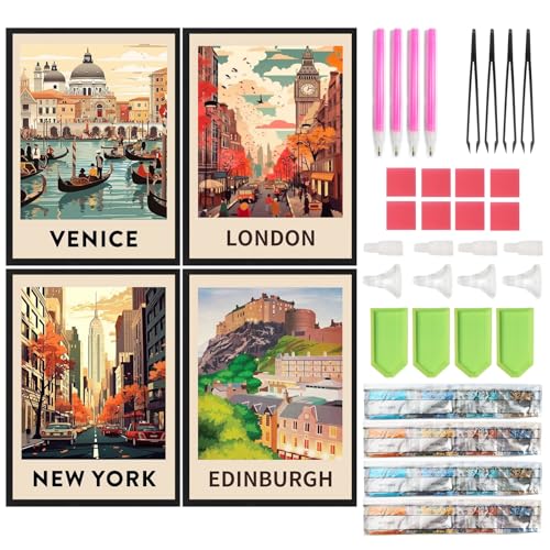 SHEGZHUC 4 Pack Diamond Painting Stadt Poster 30x40cm Diamond Painting Landschaft Reiseposter Diamond Painting Retro Poster Diamant Malerei Kunst Stickerei Kreuzstich Bilder Geschenk Wanddekoration von SHEGZHUC