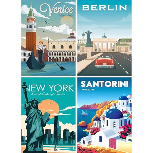 SHEGZHUC 4 Pack Diamond Painting Stadt Poster 30x40cm Diamond Painting Retro Poster Diamond Painting Landschaft Reiseposter Diamant Malerei Kunst Stickerei Kreuzstich Bilder Geschenk Wanddekoration von SHEGZHUC