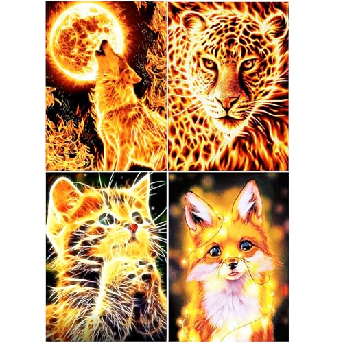 SHEGZHUC 4 Pack Diamond Painting Tiere Flammen 30x40cm Diamond Painting Flammen Wolf Vollmond Leopard Katze Fuchs 5D Diamant Painting Malen nach Zahlen Wolf Leopard Katze Fuchs Feuer Craft Buddy von SHEGZHUC