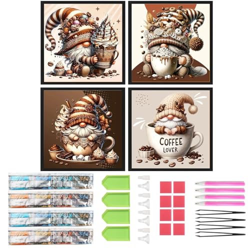 SHEGZHUC 4 Pack Diamond Painting Wichtel Kaffee 30x30cm Diamond Painting Gnome Kaffee Zwerge Nachtisch Kuchen Eiscreme Küche Diamant Malerei Kunst Stickerei Kreuzstich Bilder Geschenk Wanddekoration von SHEGZHUC