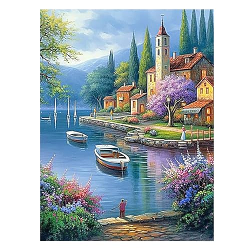 SHEGZHUC 40x50cm Diamond Painting Landschaft Häuser Diamond Painting Landschaft Bergsee Diamant Painting Bilder Baum Boot Diamant Malerei Kunst Stickerei Kreuzstich Bilder Geschenk Wanddekoration von SHEGZHUC