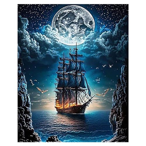 SHEGZHUC 40x50cm Diamond Painting Schiff Diamond Painting Landschaft Eckige Steine Diamond Painting Segelschiff Meer Mond Diamant Malerei Kunst Stickerei Kreuzstich Bilder Geschenk Wanddekoration von SHEGZHUC