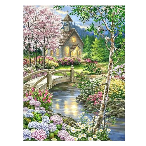 SHEGZHUC 40x50cm Diamond Painting Wald Landschaft Häuser Diamant Painting Bilder Brücken Diamond Painting Kirschbaum Kirschblüte Seen Diamant Malerei Stickerei Kreuzstich Bilder Geschenk Wand Dekor von SHEGZHUC