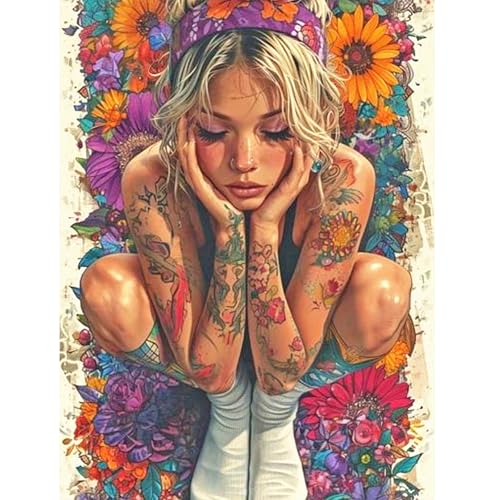 SHEGZHUC 40x50cm Eckige Steine Diamond Painting Frau mit Blumen Tattoo Pop Art Diamant Malerei Kunst Stickerei Kreuzstich Bilder Geschenk Wanddekoration von SHEGZHUC