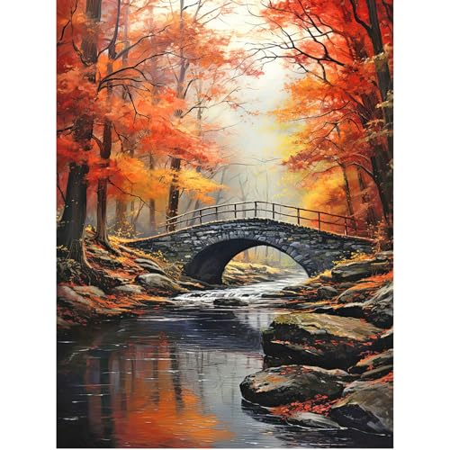 SHEGZHUC 40x50cm Eckige Steine Diamond Painting Landschaft Herbst Diamond Painting Eckige Steine Brücke Ahorn Ahornblatt Mosaik Diamant Malerei Kunst Stickerei Kreuzstich Bilder Geschenk Wand Dekor von SHEGZHUC