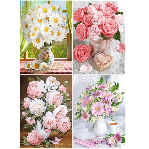 SHEGZHUC 4er Set Diamond Painting Blumenstrauß in Vase 30x40cm Diamond Painting Erwachsene Blumen Rosen Gänseblümchen Pfingstrosen Lila Chrysantheme 5d Diamant Painting Blumen Liebe Kaffee Landschaft von SHEGZHUC