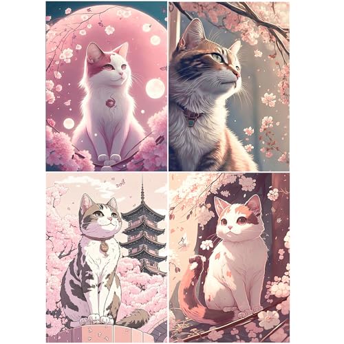 SHEGZHUC 4er Set Diamond Painting Japan Anime Katzen 30x40cm Diamant Painting Bilder Erwachsene Katzen Diamond Painting Blumen Kirschblüte Mond Manga Anime 5D Diamant Painting Katze Kirschbaum Tiere von SHEGZHUC