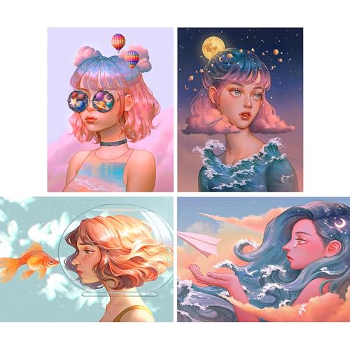 SHEGZHUC 4er Set Diamond Painting Mädchen 30x40cm Diamond Painting Anime Girl Fisch Tank Goldfisch Mond Papierflieger Meer Wellen Diamant Painting Mädchen Diamond Painting Frau Craft Buddy Crystal Art von SHEGZHUC