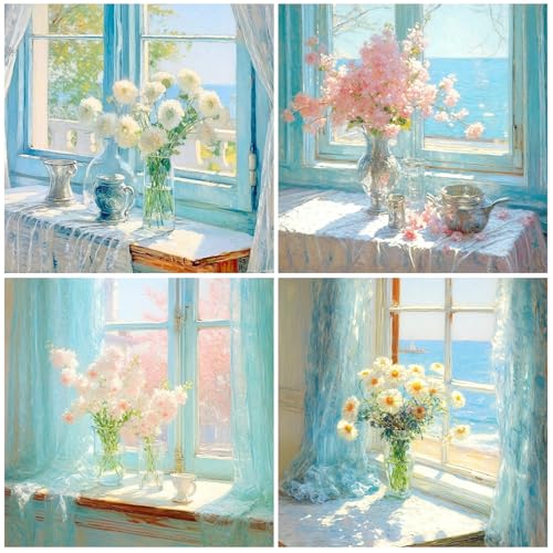 SHEGZHUC 5D Diamond Painting 4er Set Blumen in Vase 30x30cm Diamond Painting Blumen am Fenster Blumenstrauß Mosaik Diamant Malerei Kunst Stickerei Kreuzstich Bilder Geschenk Wanddekoration von SHEGZHUC