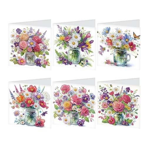 SHEGZHUC 6er Set Diamond Painting Grußkarten Set Blumen Vase Diamond Painting Karten Geburtstagskarte Dankeskarte Segensgrußkarte Feiertagskarten Stickerei Kreuzstich Diamant Malerei Geschenk von SHEGZHUC