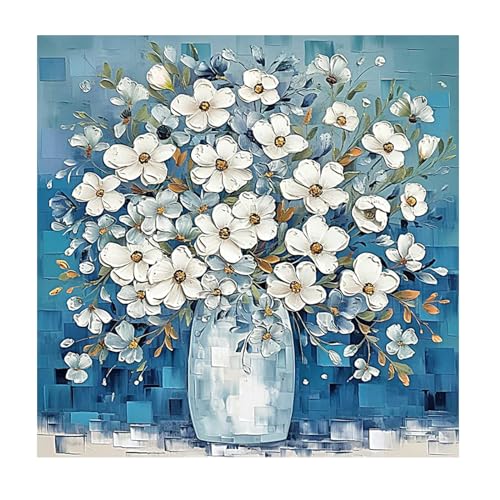 SHEGZHUC Diamond Painting Blumen Gänseblümchen Weiß 30x30cm Diamond Painting Blumen im Glas Diamond Painting Blumen in Vase Diamond Painting Vase Blumenstrauss Diamant Malerei Geschenk Wand Dekor Blau von SHEGZHUC