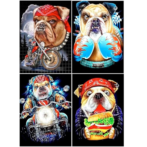 SHEGZHUC Diamond Painting Bulldogge Hund 4er Set 30x40cm Malen nach Zahlen Hund Hunde Diamant Painting Bulldogge Boxen Hamburger 5D Diamant Painting Bilder Erwachsene Tiere Hunde auf einem Motorrad von SHEGZHUC