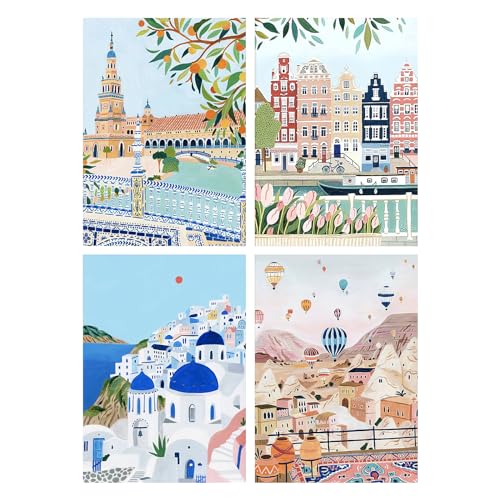 SHEGZHUC Diamond Painting Cartoon Stadtbilder 4er Set 30x40cm Spanien Niederlande Griechenland Türkiye Diamond Painting Stadt am Meer Blumen Tulpen Heißluftballon Diamant Painting Landschaft Brücken von SHEGZHUC