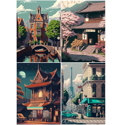 SHEGZHUC Diamond Painting Dunkler Stadtstil 4er Set 30x40cm Diamond Painting Landschaften und Natur Diamond Painting Eiffelturm Paris Chinesische Japan Landschaft Kirschbaum Stadtbilder Gasse Straße von SHEGZHUC