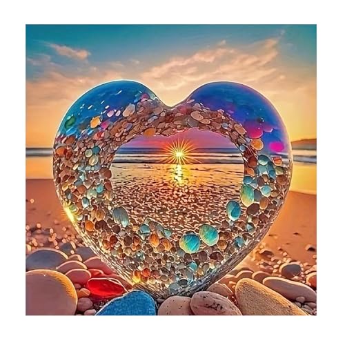 SHEGZHUC Diamond Painting Glitzer Strand Kieselstein Kopfsteinpflaster Herz Bunt 30x30cm Diamond Painting Meer Diamond Painting Landschaft Sonnenuntergang Diamant Malerei Kreuzstich Wand Dekor von SHEGZHUC