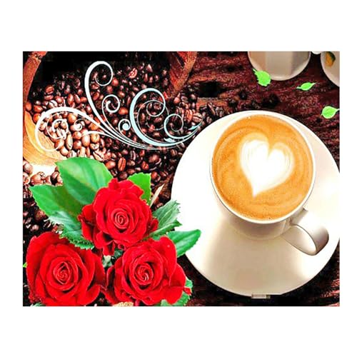 SHEGZHUC Diamond Painting Kaffee Rote Rosen Herz 40x30cm Diamond Painting Küche Kaffeebohnen Kaffee Bilder für die Küche Frühstück Diamant Malerei Stickerei Kreuzstich Bilder Geschenk Wanddekoration von SHEGZHUC