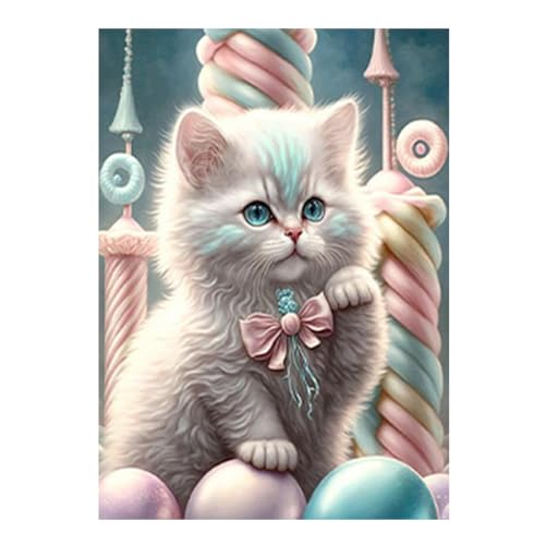 SHEGZHUC Diamond Painting Katze Winkt 30x40cm Malen nach Zahlen Katze 5D Diamant Painting Katze Diamond Painting Süßigkeitenhaus Ball Krawatte Schleife Diamond Painting Perlenbilder Erwachsene Tiere von SHEGZHUC