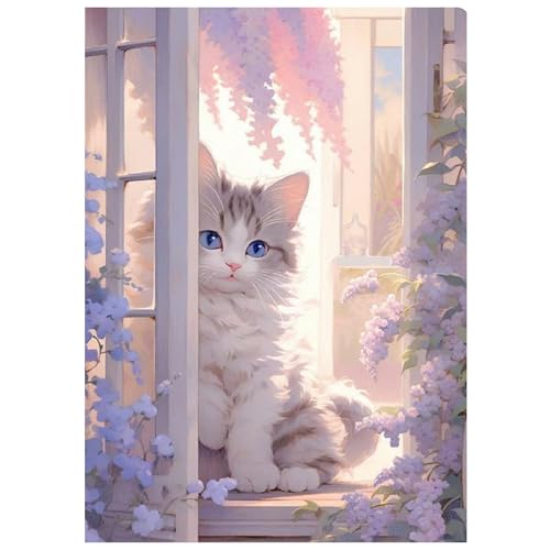 SHEGZHUC Diamond Painting Katze am Fenster 30x40cm Diamond Painting Tiere Diamond Painting Blumen Lila Flieder Mosaik Diamant Malerei Kunst Stickerei Kreuzstich Bilder Geschenk Wanddekoration von SHEGZHUC