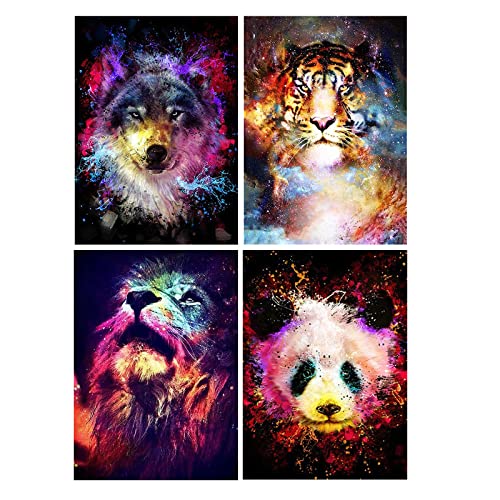 SHEGZHUC Diamond Painting Set 4er Tiere 30x40 cm Diamant Painting Bilder Tiger im Universum Malen nach Zahlen Wolf Diamond Painting Löwe Diamond Painting Pandabär im Universum Perlenbild Kinder von SHEGZHUC