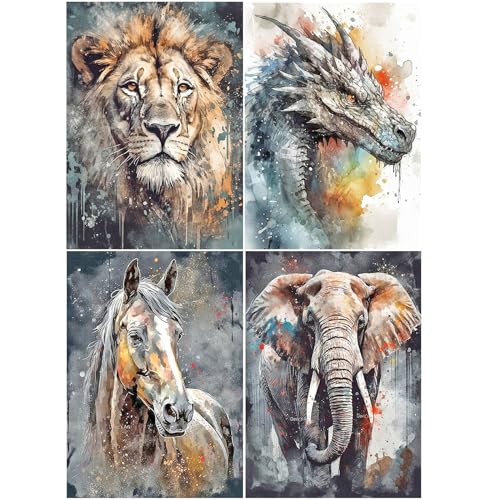 SHEGZHUC Diamond Painting Tiere 4er Set 30x40cm Diamond Painting Malen nach Zahlen 5D Diamant Painting Löwe Drache Pferd Elefant Diamond Painting Erwachsene Tiere Bunt Mosaik Bastelset Erwachsene von SHEGZHUC